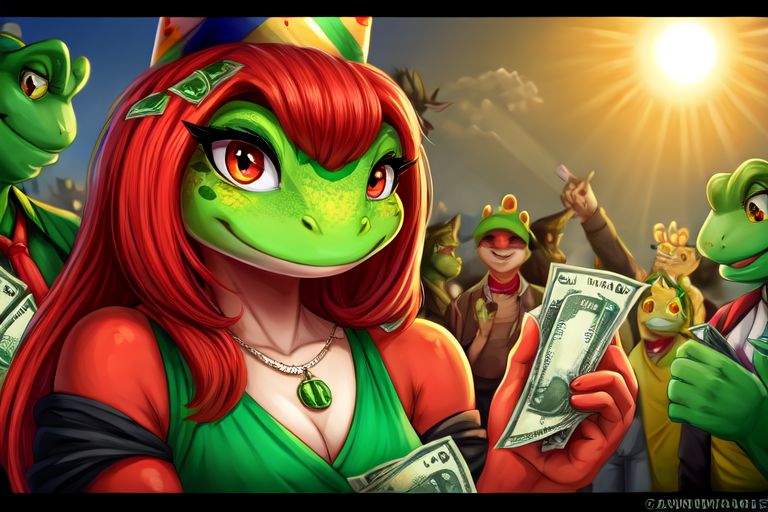 A Red girl frog skin, a green man frog , party ,claps , huge, sun, money, ,