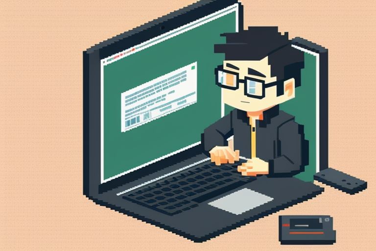 Stressed male programmer wearing glases sitting in front of a laptop. The laptop screen shows complicated SQL code. Wearing an SAP shirt. Very, very short black hair.