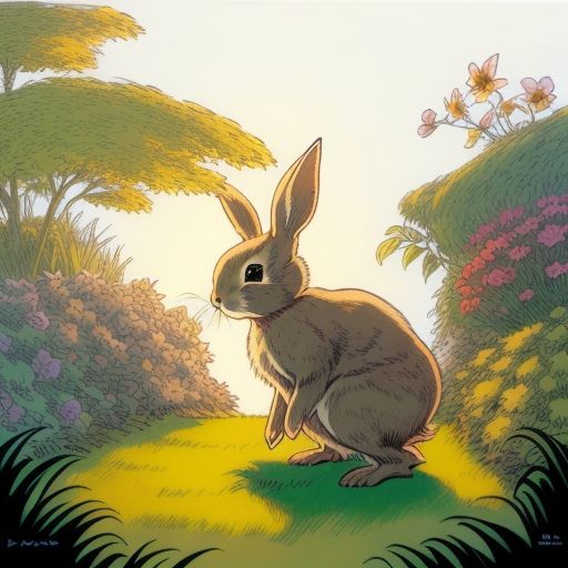 rabbit enjoying easter with a eggs around in a garden, magic light