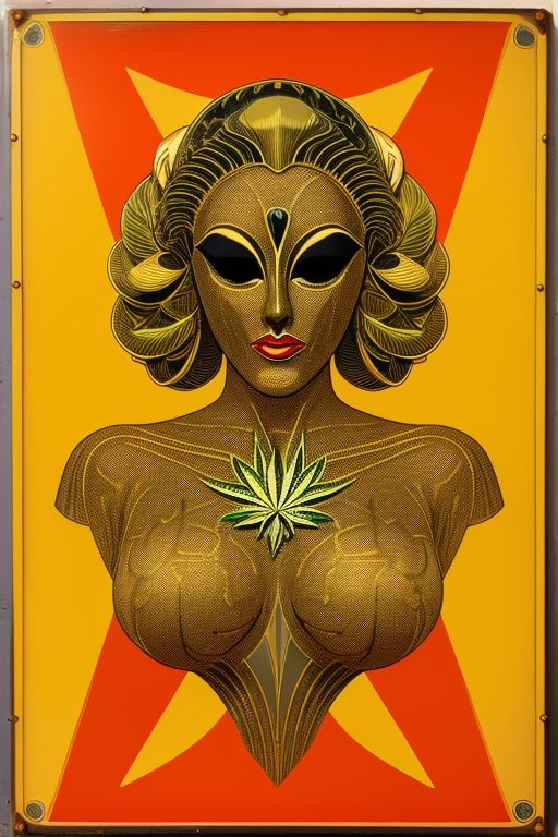 The color scheme is warm gold tones with cannabis theme, body parts, Close up, intricate design, interwoven, no face, no numbers, 1920s, art deco, french, bbw, abstract, non-objective