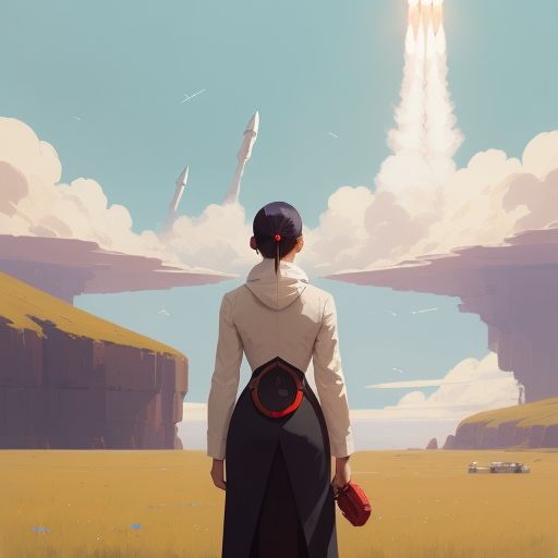 A rocket launch is depicted in a peaceful, natural setting with vivid, true-to-life colors. The scene is characterized by a tranquil rural landscape with greenery and winding rivers under a light blue sky dotted with fluffy white clouds. The rocket stands out prominently, its white body accented with striking red and blue, contrasting beautifully against the natural backdrop.