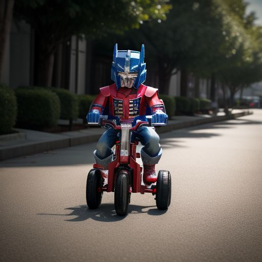 Optimus Prime transformer riding a kids tricycle