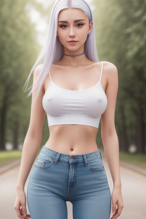 Skinny 18 yo Ukrainian girl in jeans and white top, slightly visible nipples form through top, Ariana Grande face, 8K photo