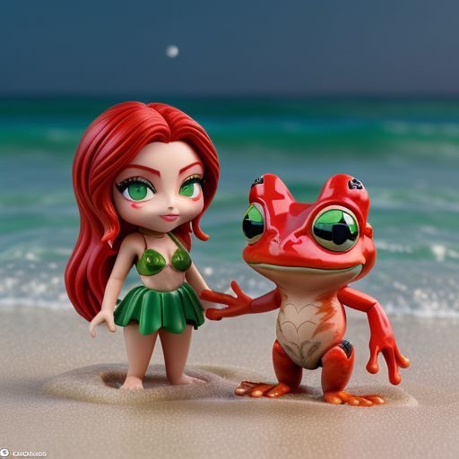 Red girl frog skin, a green boy  frog named pepe , love , beach, enjoy from water, moon, money , rich\nThe girl is so hot and has long red hair\nShe has a    tattoo on her hand that write 'pepe'\nThe boy is beside girl and feel it