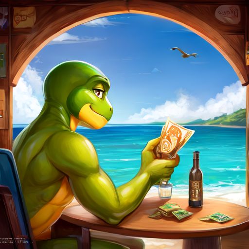 A green frogman and a red frog girl , beach, money, bitcoin, love, digital art, masterpiece 