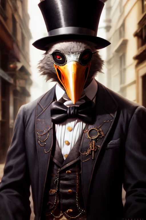 A humanoid seagull with wearing a doctors plague mask, top hat, black tie and a purple steampunk style suit.