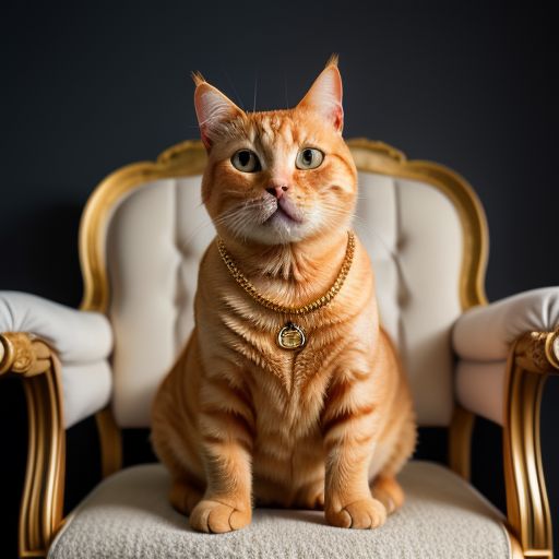 Fat orange tabby cat, wearing a gold chain, holding a gold septer, sitting on a gold throne 