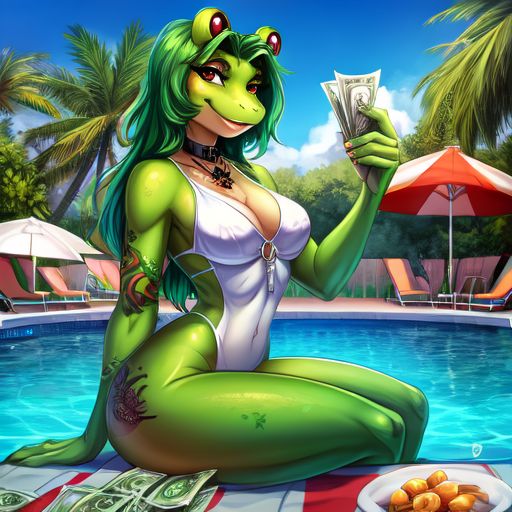  Red  hot girl frog ,  green gentleman  boy frog  ،love, pool party , sun, money, enjoy from pool, tattoos\nBoy green frog is beside red girlfrog\n