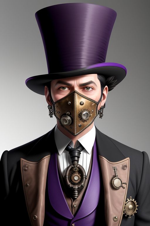 In steampunk style, a seagull wearing a protruding doctors plague mask, top hat, black tie and a purple suit.
