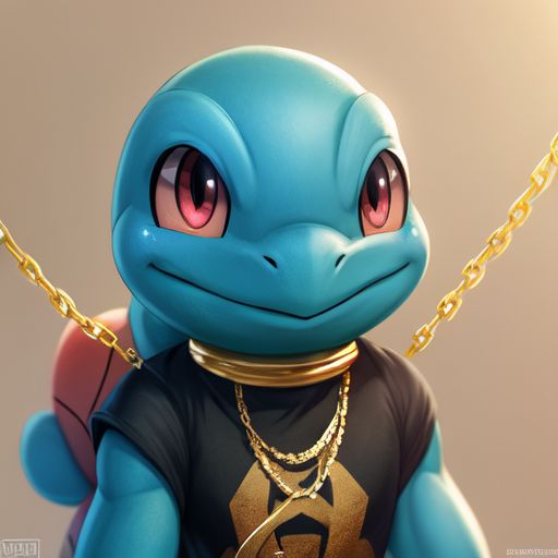 Portrait of Squirtle from Pokemon wearing a T-Shirt and gold chains, while rapping menaciously