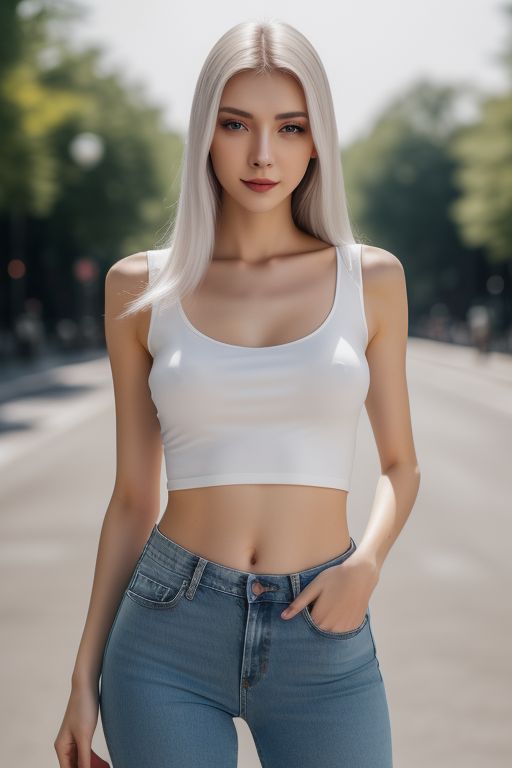 Skinny Sexy Ukrainian girl in jeans and white top, 8K photo
