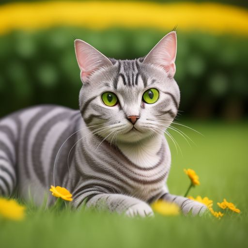  An American shorthair cat, female, adult, big eyes, realistic photo, plenty of light, close-up, 8K photo, HDR, nature, Canon EOS R5, 75mm shot, HD photo, lying on a green grass, some flowers on the grass, yellow eyeballs, narrowed pupils, white hair on the chest, looking far away 