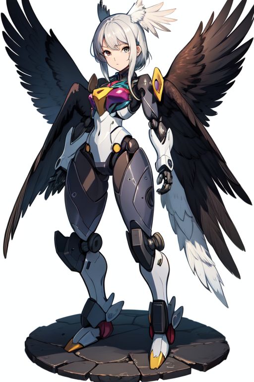 An eagle mech with a dark metal body on a transparent background