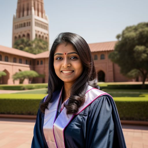A photo realistic image of An Indian woman graduating from Stanford with the Hoover tower in the background