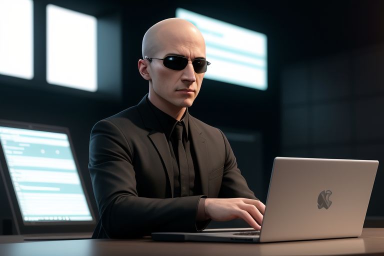 frustrated Male programmer with no hair and wearing glases sitting in front of a laptop in the style of the matrix movie.