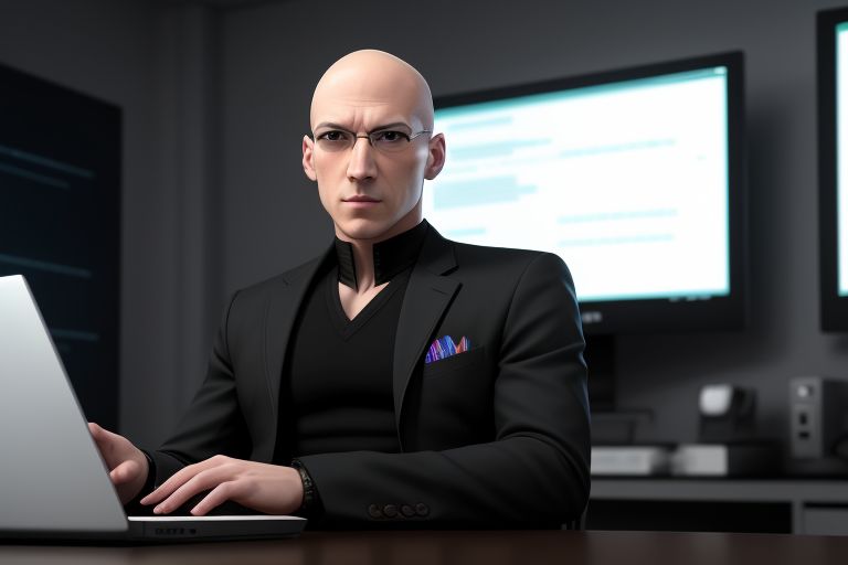 Male programmer no hair and wearing glases sitting in front of a laptop in the style of the matrix movie.
