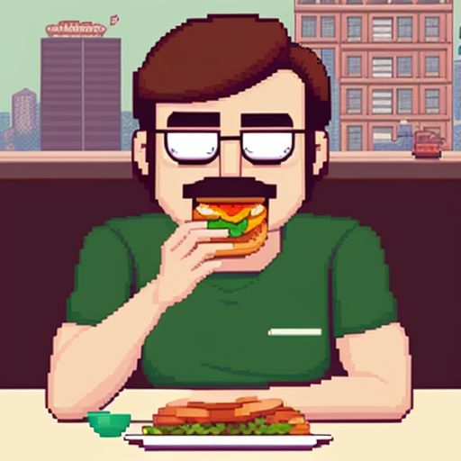Ramee from gta roleplay eating a hamburger as a cartoon