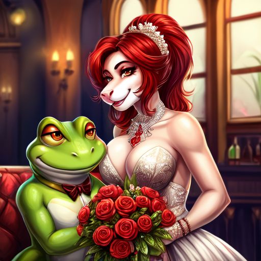  Red  hot girl frog ,  green gentleman  boy frog  ،love,wedding , wine ,money, tattoos, bitcoin\nBoy green frog is beside red girl frog\nRed hair for girl
