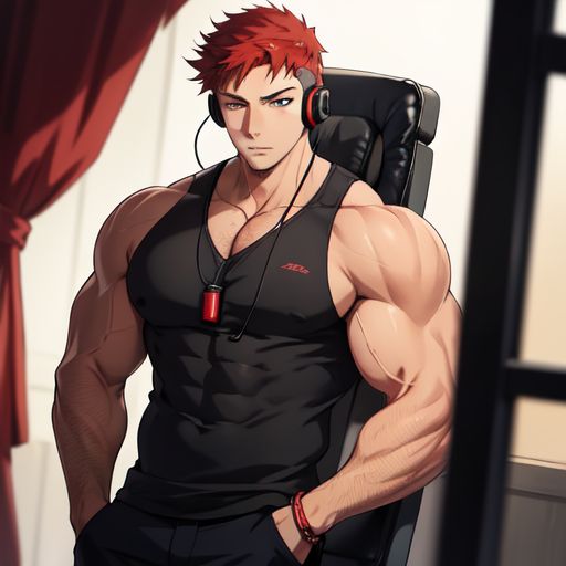 nerd bodybuilder red hair guy, black skin, with a black headphones on his chest