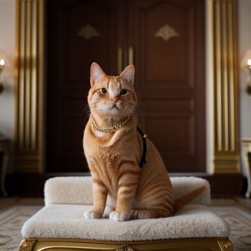 Fat orange tabby cat, wearing a gold chain, holding a gold septer, sitting on a gold throne.  With people bowing before him