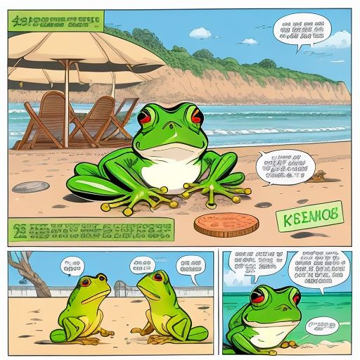 A green frog  named pepe the most famous frog in cryptocurrency and his girlfriend  a red frog  named Hottie... They are relaxing in the beach ...around them there are a lot of money and bitcoin coin