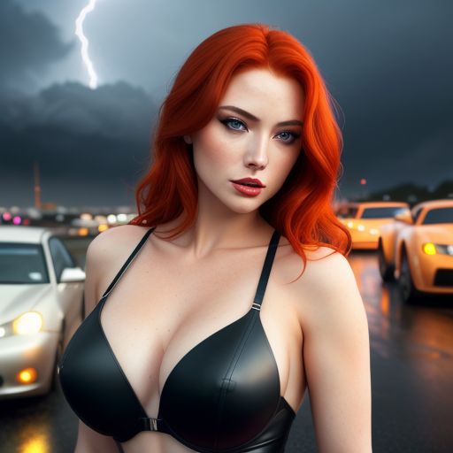 portrait of sexy redhead girl with strong makeup, nice tits, thunderstorm, cars in background