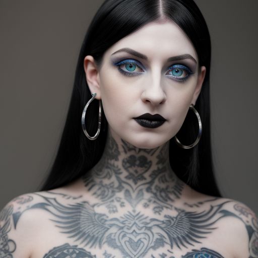 A pale skin goth girl with jet black hair is heavily tattooed dressed in black leather, wearing hoop earrings and a nose ring. She has big bright iridescent blue eyes.
