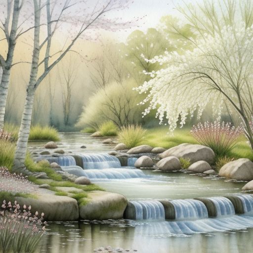 Spring flowers by bubbling brook with weeping willow branches hanging over the bank by the brook