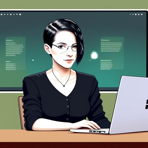Programmer with short hair, almost bold and wearing glases sitting in front of a laptop in the style of the matrix movie.