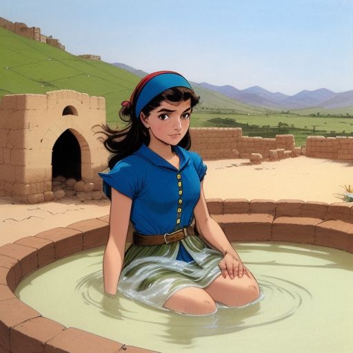 A kurdish girl in a kurdish village in the kurdish region of Iraq in the year 1500 having a nice bath on a well near the village. 