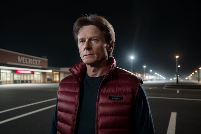 Marty Mcfly, wearing a red bodywarmer,  standing in the carpark of Twin Pine Mall while looking at his watch. The DeLorean is hovering in air in the background. Atmospheric lighting. Cinematic. shallow depth of field. foggy evening\n\n