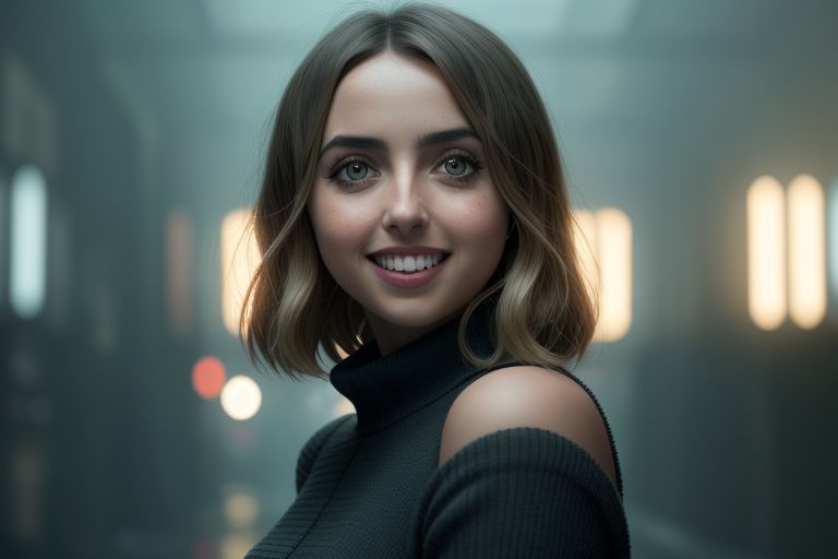 Ana de Armas portrait with beautiful smile in the style of blade runner