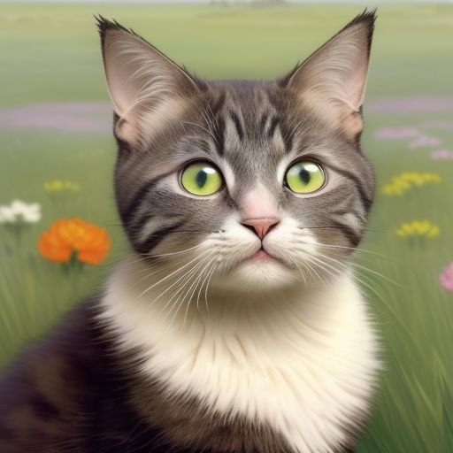 I'd like a cute cat avatar! The cat features orange fur, green eyes, and triangular ears. I'd prefer the avatar to be in a cartoon style, with a background of a fresh grass field or a simple rainbow. Please ensure the expression is cheerful and fun! If possible, you can add some flowers as decoration. Here's a reference picture of a cat avatar I like. 