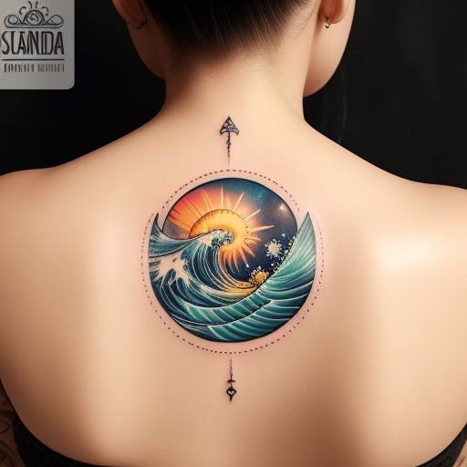 Amazing tattoo design integrating the letter "S" with an ocean wave and the sun.