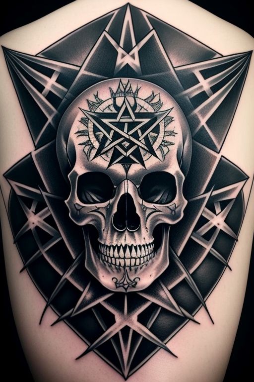 Demon skull, pentagram, flaming upside down cross 