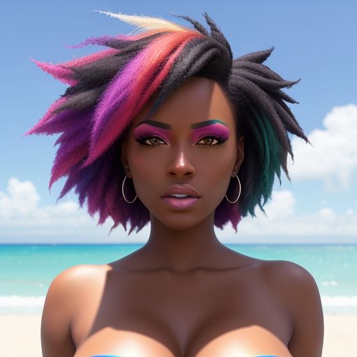 sexy black girl rainbow hairs, nice tits, on the beach