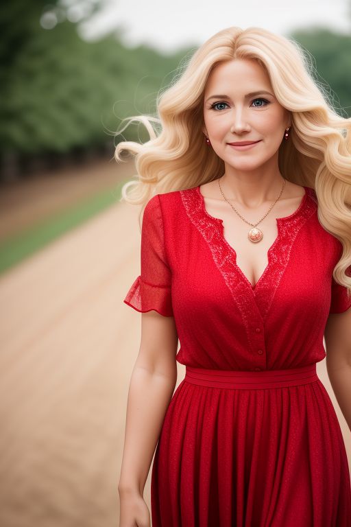 pretty woman with blond wavy hair wearing a nice red dress