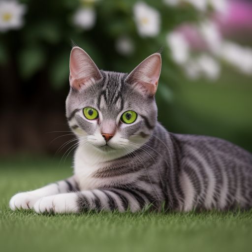  An American shorthair cat, adult, big eyes, realistic photo, plenty of light, close-up, 8K photo, HDR, nature, Canon EOS R5, 75mm shot, HD photo, lying on a green grass, some flowers on the grass, yellow eyes, pupils constricted into slits, white hair on the chest, eyes looking far away 
