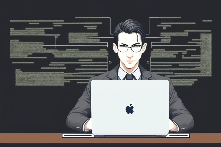 Male programmer with almost bold and wearing glases sitting in front of a laptop in the style of the matrix movie.