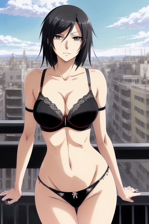 Draw mikasa ackermann wearing black bra and panties, standing on her balcony