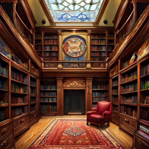 photorealistic view in wide angle and very detailed, comfortable leather chair, Looking into 2-story private museum in an expensive townhouse in New York, hardwood paneling on walls, parquet floors , oriental rugs, spiral staircase connects the ground floor to the second floor, displays of a pistol and a model of a business jet and a model of a factory, on the walls are a flat screen and maps of the world and many countries, busts of famous people on stands, bookcases with collectible books, realistic in 8k definition, full body render