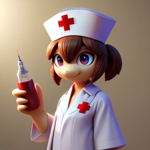 professional 3d model A cute nurse character,holding a large medical kit,with brown hair and big eyes,full body photo,short hair with ponytails on both sides. She wears a blue-trimmed skirt,a short white shawl,a nurse's cap with the traditional red cross,and a gold-trimmed hat. She holds an oversized syringe of red liquid filled with healing power in her hand and smiles. The background is pure white,A blind box style character with a plump figure and a cute face. clean background,natural light,3D,C4D,Blender,OC renderer,BREAK,<lora:blindbox_V1Mix:0.8> . octane render,highly detailed,volumetric,dramatic lighting