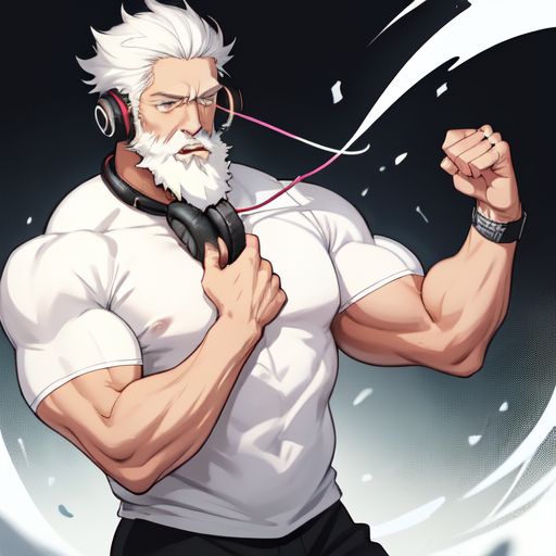 black nerd bodybuilder white hair guy,long white beard, with a black headphones on his chest