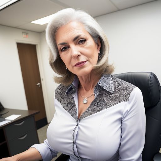 sexy older woman, age 55, \nat the office.  her blouse is unbuttoned and open, and you can see her hard nipples and ample breasts.  she is leading a presentation.  she has the attention and power in the room \n\n\n