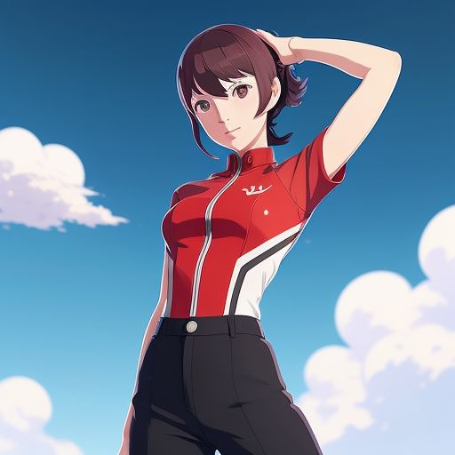 Ann(from game: Persona 5, fabulous sleek reflective gymnastics uniforms and treading pants, confident, flexible, dazzling, fine hands) standing up and exercising artistic gymnastics breathtakingly perfectly on the stage at the middle of an empty open stadium in a clear day. Anime art, breathtaking artwork inspired by Makoto Shinkai, Studio Ghibli, James Gilleard, Greg Rutkowski, Chiho Aoshima-inspired illustration, ultra high definition, great details, great quality.