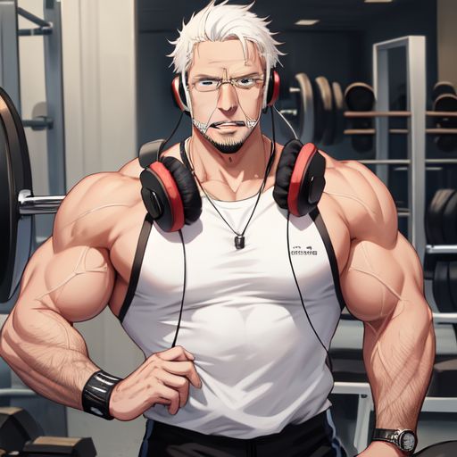 black nerd bodybuilder white hair guy,long whitebeard, with a black headphones on his chest