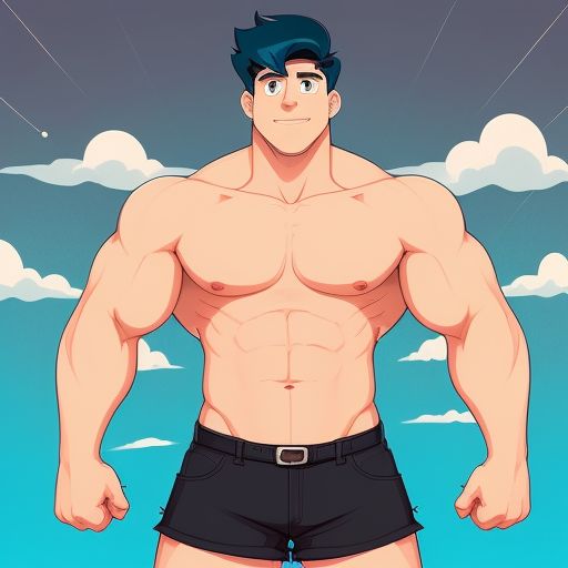 Draw a full body picture of a muscular white male with black spikey hair, blue eyes wearing a black V neck t shirt and short shorts with muscular thighs with a caption saying Sky's out Thighs out  on the top of the picture\n