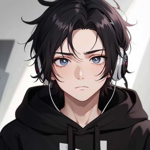 a close up gloomy cute 17 year old male looking to the side, he wears a black hoodie, he has black short messy hair with black headphones slightly damaged, he has a bandage on his pale cheek, his eyes look sad, his pupils are nearly the same color as his iris,