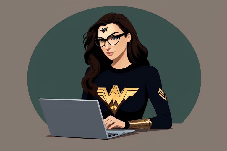 Seductive Gal Gadot as programmer wearing glases sitting in front of a laptop. The laptop screen shows complicated SQL code. She is weaing a wonderwoman costume.