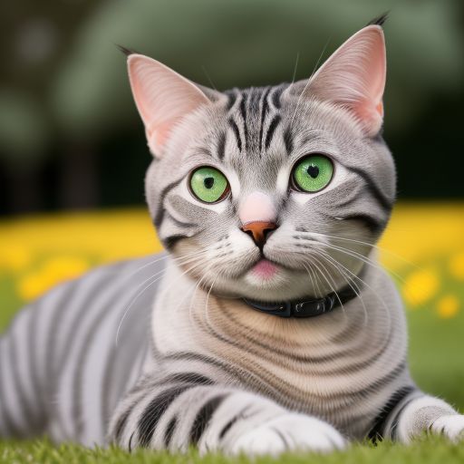  An American shorthair cat, female, adult, big eyes, realistic photo, plenty of light, close-up, 8K photo, HDR, nature, Canon EOS R5, 75mm shot, HD photo, lying on a green grass, some flowers on the grass, yellow eyeballs, narrowed pupils, white hair on the chest, looking far away 